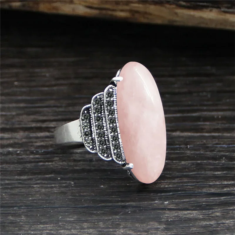 Finger Ring Silver Ring Vintage Natural Eye Shape Quartz Lapis Lazuli For Women Real Antique Silver Plated Natural Stone Unakite Rhinestone