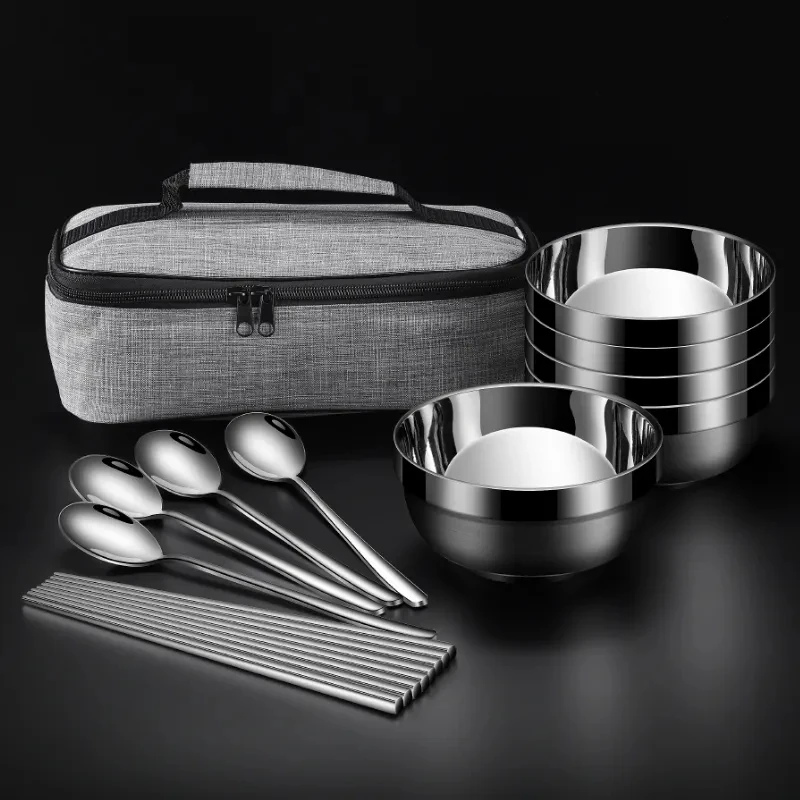 

304 Food Grade Bowl Chopsticks Spoon Cutlery Set Travel Bowl & Chopsticks Set Single Household Noodle Bowl Storage Bowl Bag