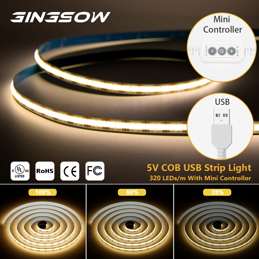 Gingsow COB USB LED Strip Light 5V 320LEDs/M Warm/Natural/Cool White 2m Dimmable Flexible High Density Linear Tape For BackLight