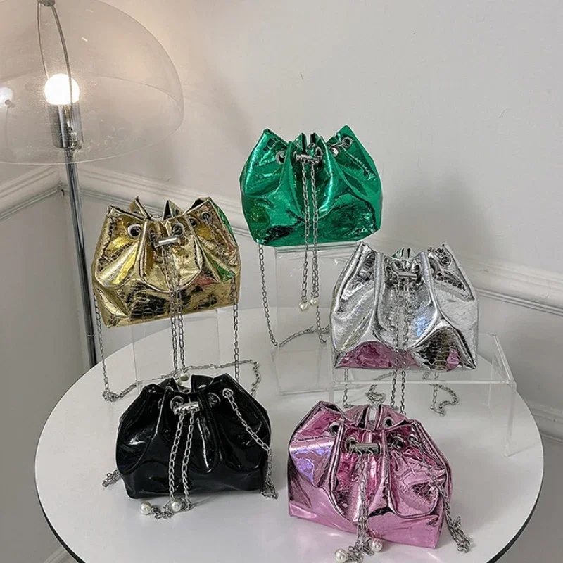 

Women's Fashion Small Laser Drawstring Shoulder Bags Keys Lipstick Toiletry Pleated Storage Bags Makeup Organizer Crossbody