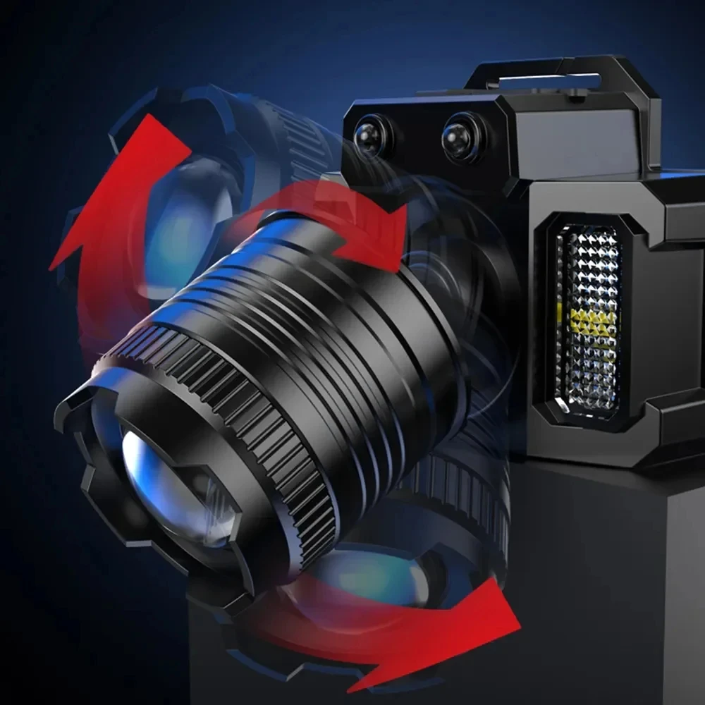 휴대용 회전식 줌 가능 LED 헤드라이트, USB 충전식 방수 헤드 램프, 배터리 내장 토치, 낚시 캠핑 헤드 라이트