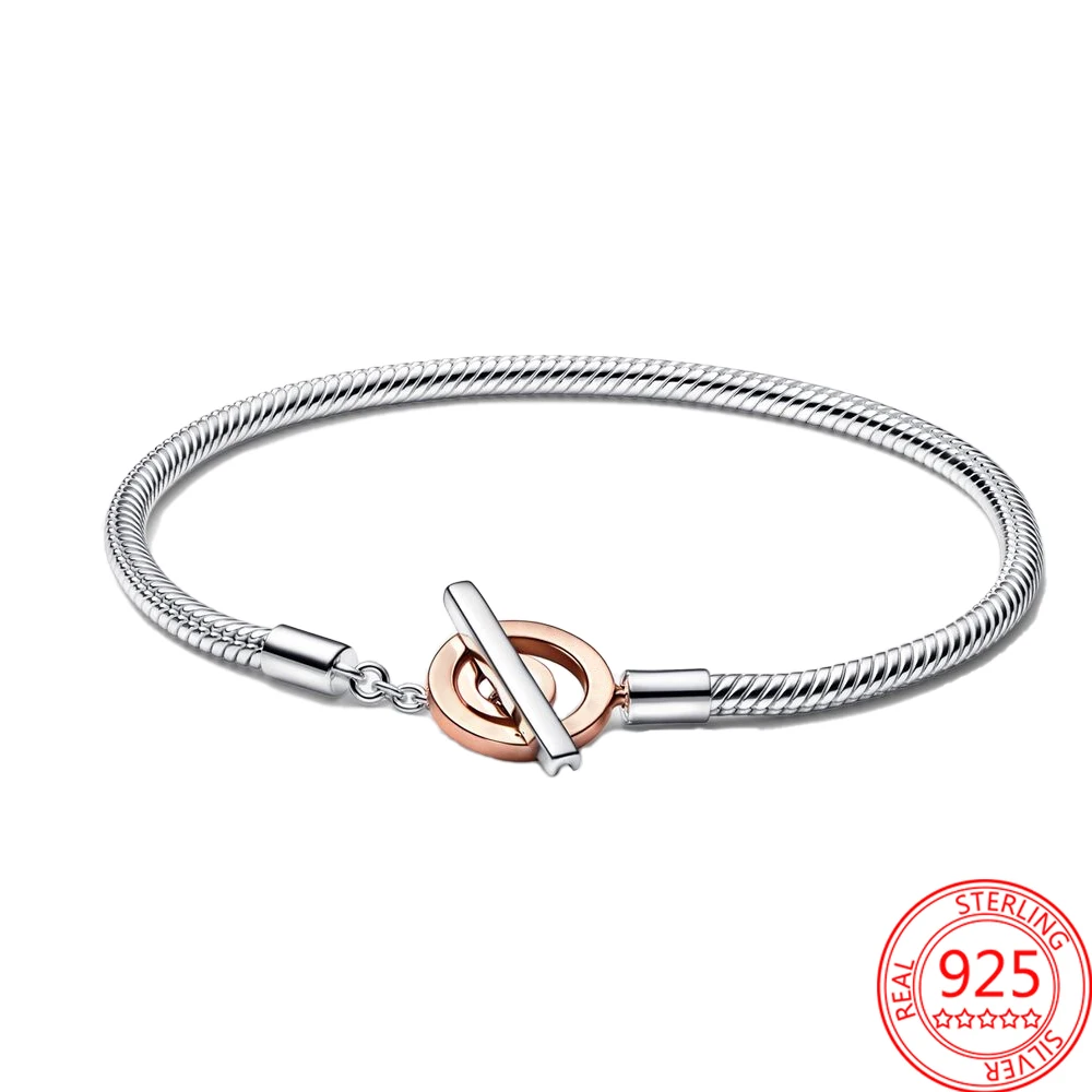 Authentic Three Style Round Rose Gold Signature Two-tone Logo T-Bar Snake Chain Bracelet Fit Original Charm Women Jewelry Gift