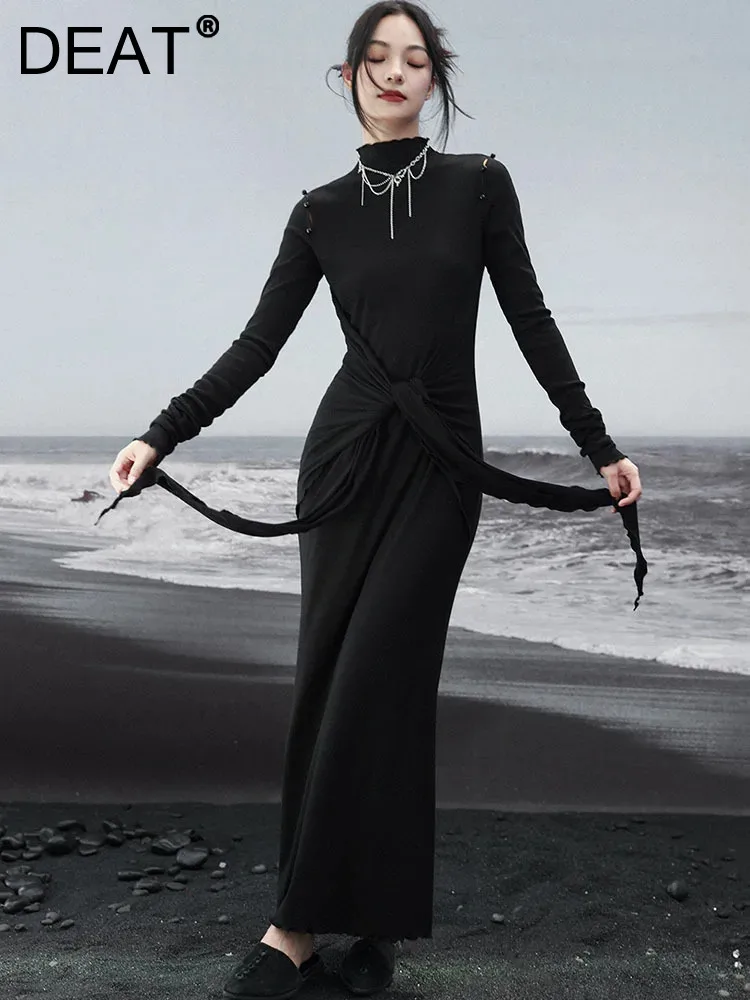 

DEAT Fashion Women's Knitted Dress Half High Collar Slim Waist Hollow Out Stitch Ankle-length Dresses Spring 2024 New 13DB4666