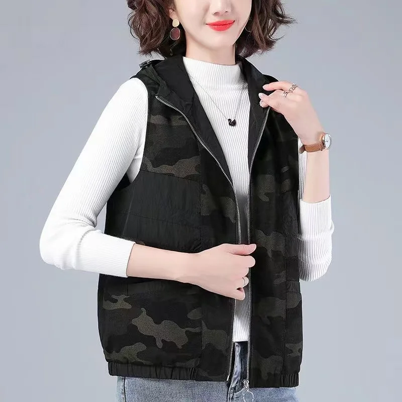 

2023 Spring Autumn Vest Jacket Women's Waistcoat New Fashion Black Hooded Vest Coat Female Summer Loose Outerwear Tops