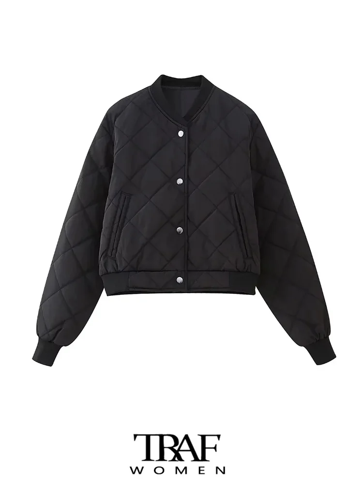 

TRAF Women Fashion With Pockets Padded Cropped Bomber Jacket Coat Vintage Long Sleeve Button-up Female Outerwear Chic Tops