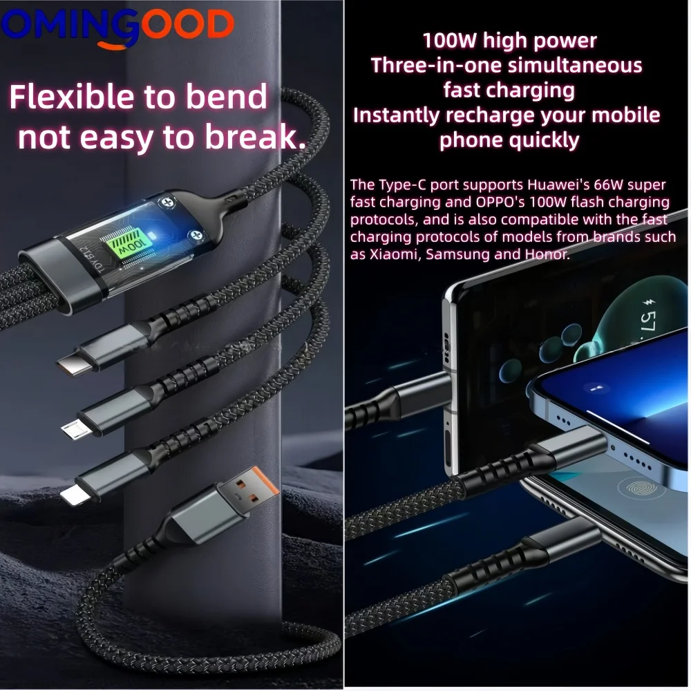 새로운 100W 고속 충전 나일론 편조 멀티 충전 케이블 3-in-1 USB 코드 (타입C, 마이크로, 범용 멀티 디바이스 어댑터 포함)