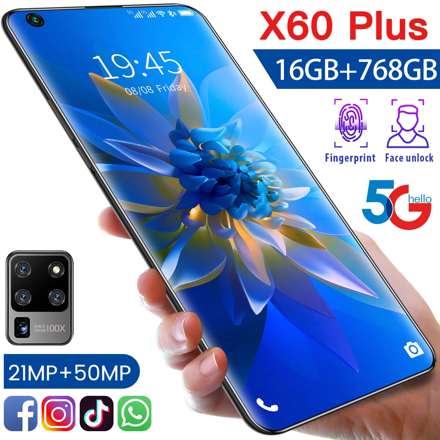 2021 Newest Smartphone X60 Plus 5G Network 7.6 INCH 4g Full Screen with MTK6797T 10 CORE CPU Android 11.0 Mobile Phone | Мобильные