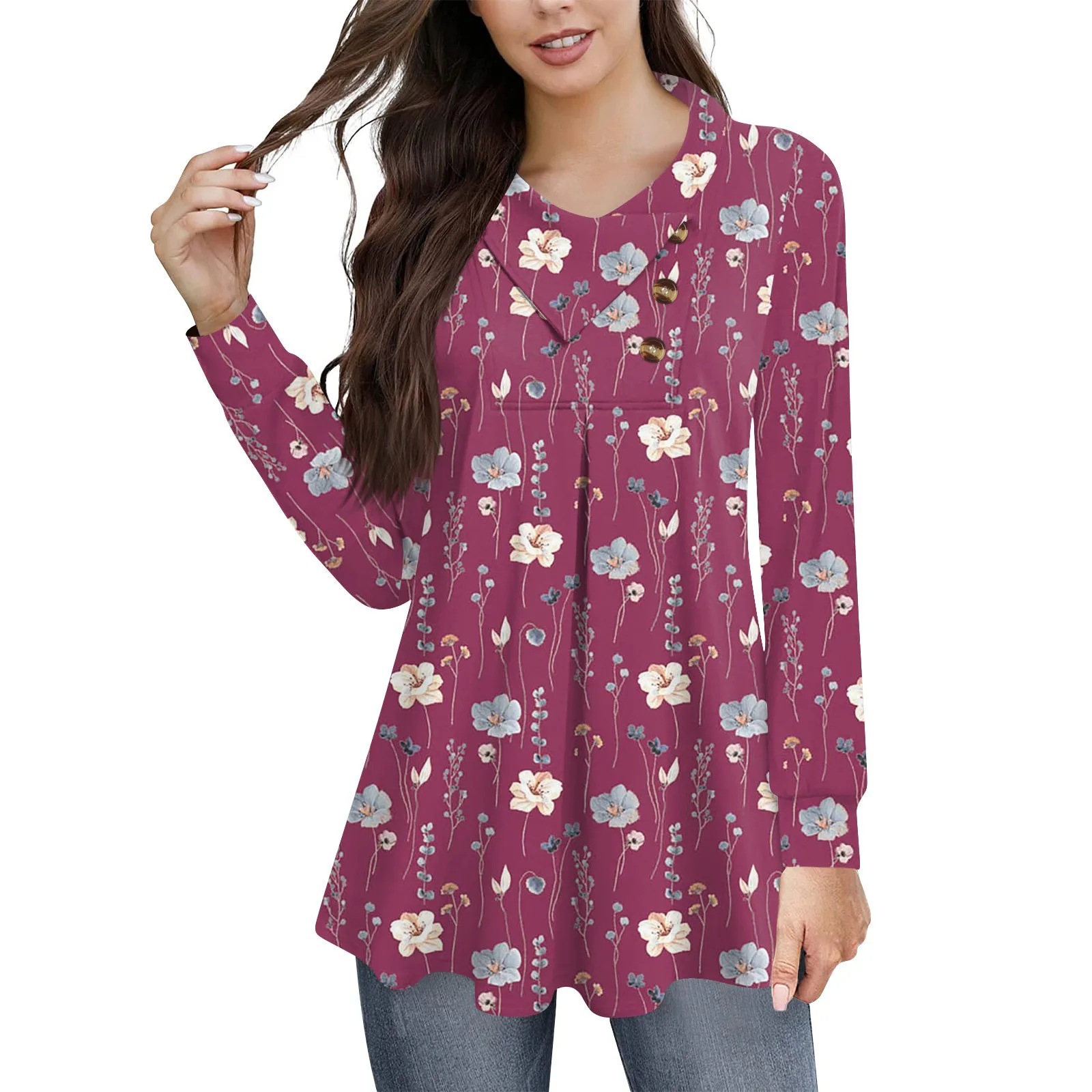 

Женский Повседневный Свободный пуловер с цветочным принтом, на пуговицах, с отворотом и длинным рукавом, топ, женские укороченные топы Y2k, милая майка, Роскошная Одежда