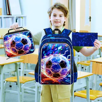 3Pcs Soccer Backpack, 17" Boys Bookbag with Lunch Box, Kids School Backpacks Set for Elementary Preschool Kindergarten (Blue) 1