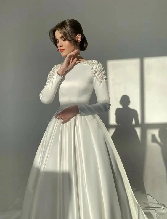 Elegant Muslim Wedding Dress Beading Flower Satin Simple Long Sleeve Bridal  Gown | eBay