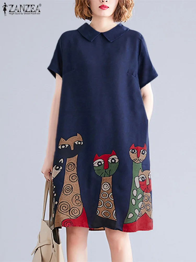ZANZEA 여성용 여름 선드레스, 만화 프린트 빈티지 원피스, 2023 캐주얼 루즈 반팔 비치 보헤미안 무릎 길이 