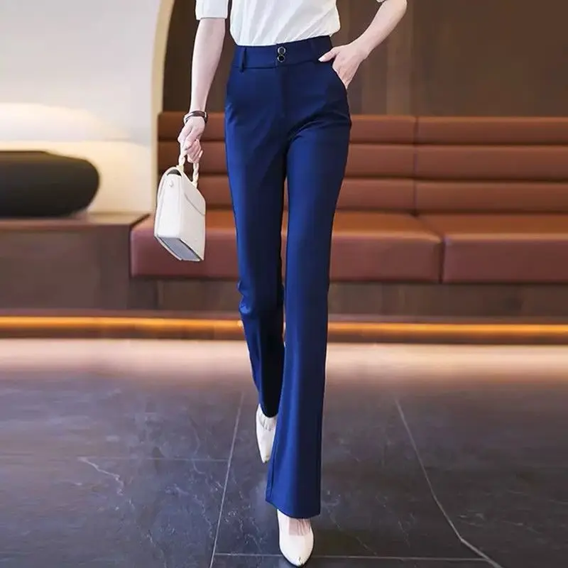 2024 Spring and Autumn New Women's Solid Color High Waist Button Pockets Fashion Elastic Thin Straight Bootcut Casual Suit Pants