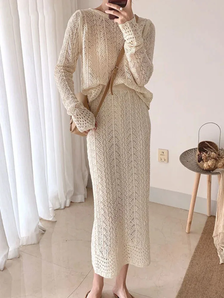 

NICEWOMEN Skirt Two Piece Suit Knitted Dress Hollow Out New Round Neck Long Sleeve Fit Women Fashion Tide Autumn 2023 AH272