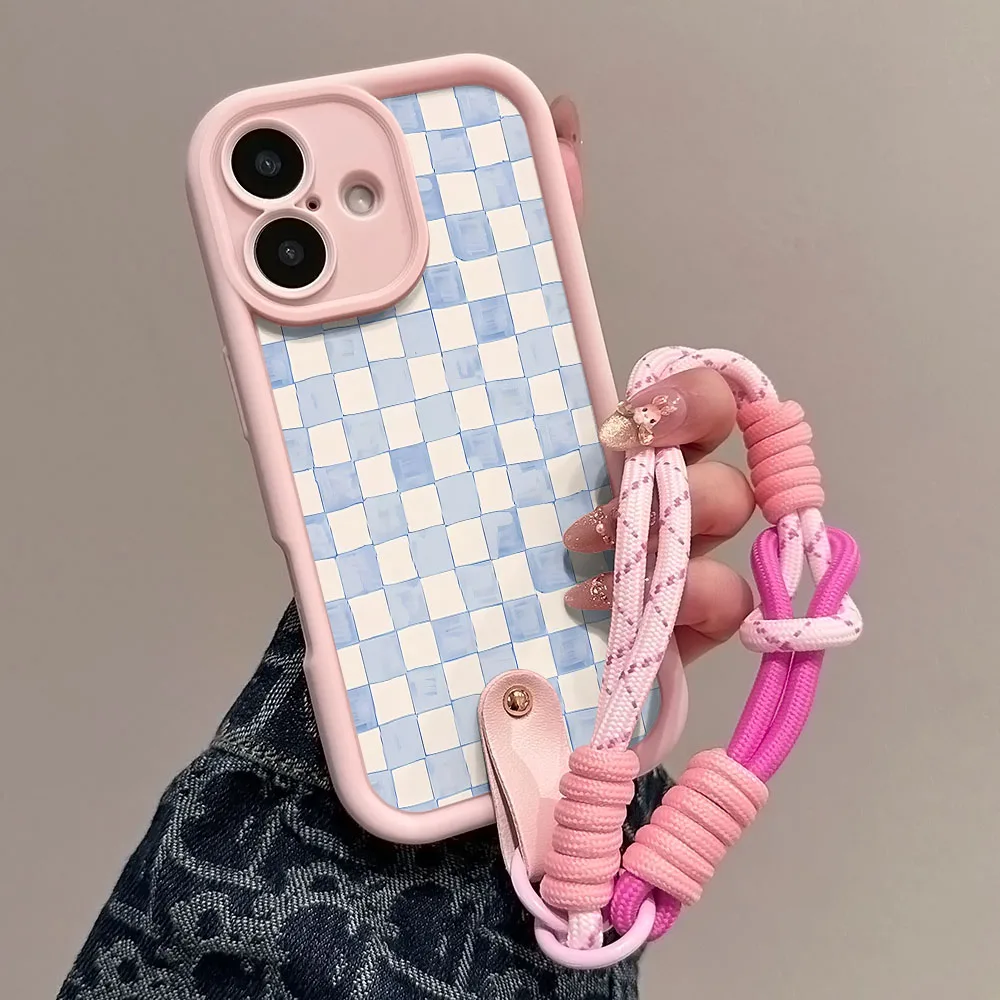 Watercolor Grid Checkered Lanyard Phone Strap Case