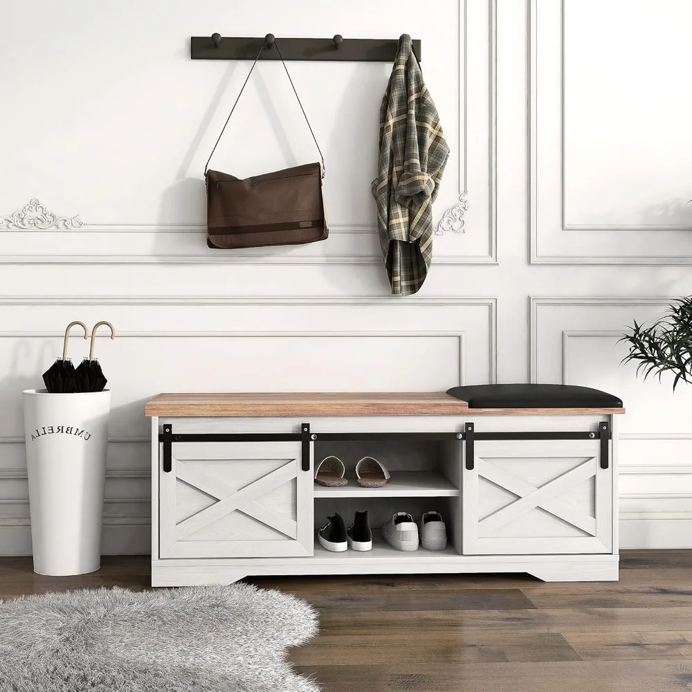 47 Inch Shoe Cabinet, Modern White Shoes Bench with Double Sliding Barn Door & Thickened, Shoe Cabinet 5