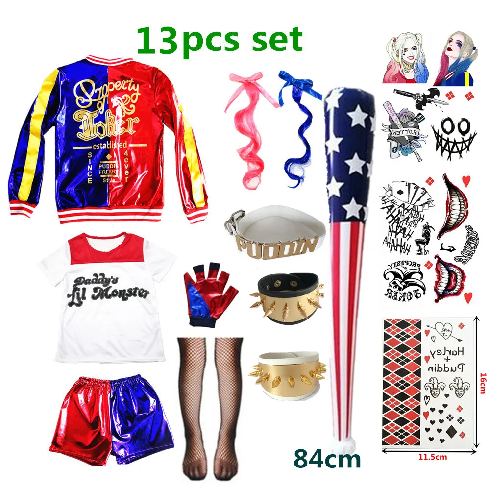 Quinzel crianças meninas fantasias cosplay fantasia arlequina halloween  festa vestido jaqueta taco de beisebol roupas conjunto