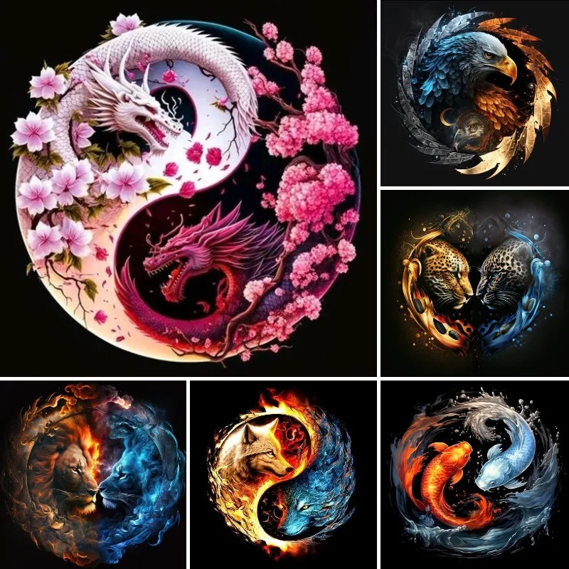 5D DIY Diamond Embroidery Ying and Yang Deers Dragons Wolves Lions Full Square Diamond Painting Cross Stitch Mosaic Rhinestone