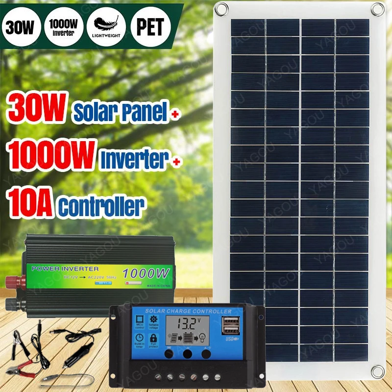 220VSolarPowerSystem30WSolarPanelBatteryCharger1000WInverter