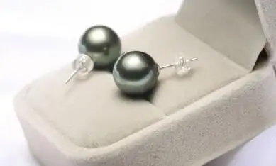 

free shipping luxury Noble jewelry stunning AAA++ 10-11mm Tahitian black green round pearl earring 18k gold