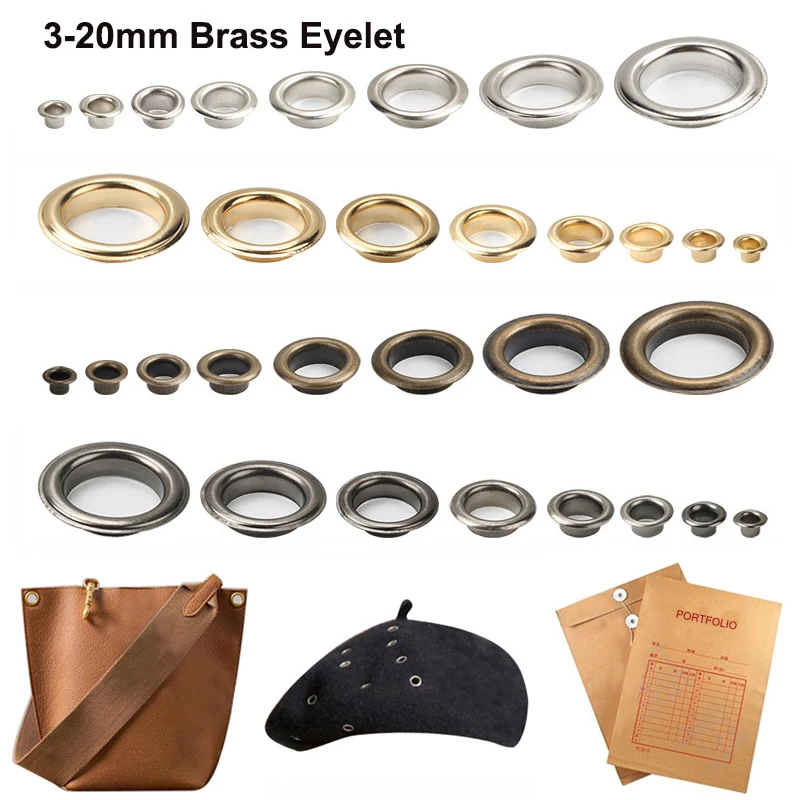 100sets 3mm-20mm Brass Eyelet Grommet with Washer Leather Round Eye Rings For Diy Shoes Bag Belt Hat Curtain Scrapbooking