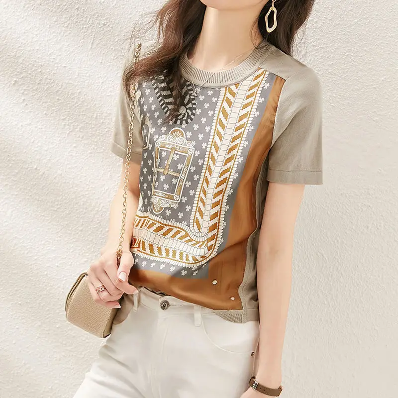

Summer Short Sleeve Graphic Tee Shirt Women Knitted New O-Neck Loose Abstract Printing Rivet Fashion Casual Vintage Elegant Top