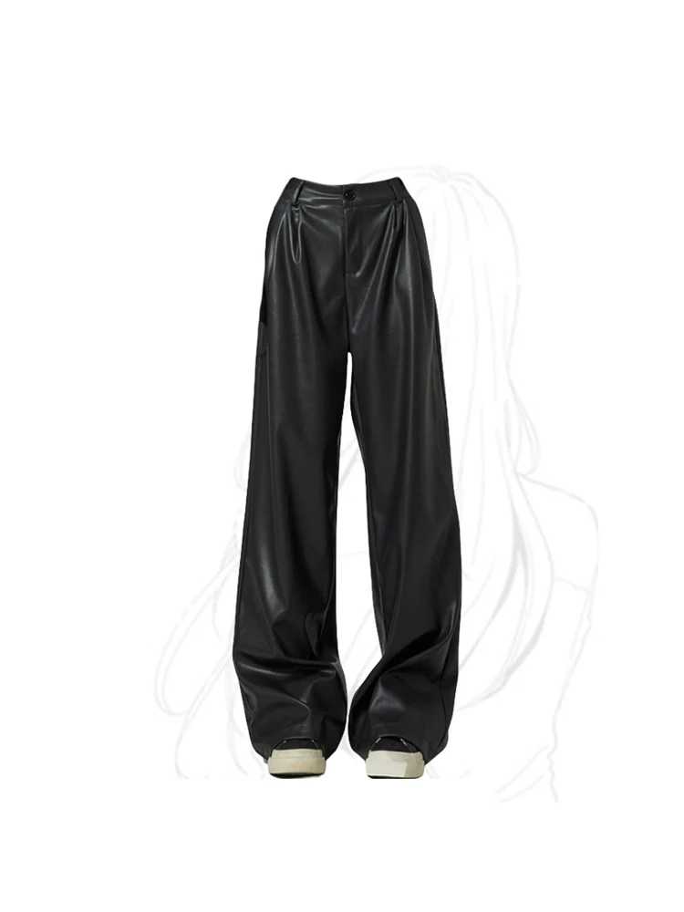 

Women Black Gothic Leather Pants Y2k Retro Streetwear 90s Baggy High Waist Trousers Korean Harajuku Wide Pants Emo 2000s Clothes