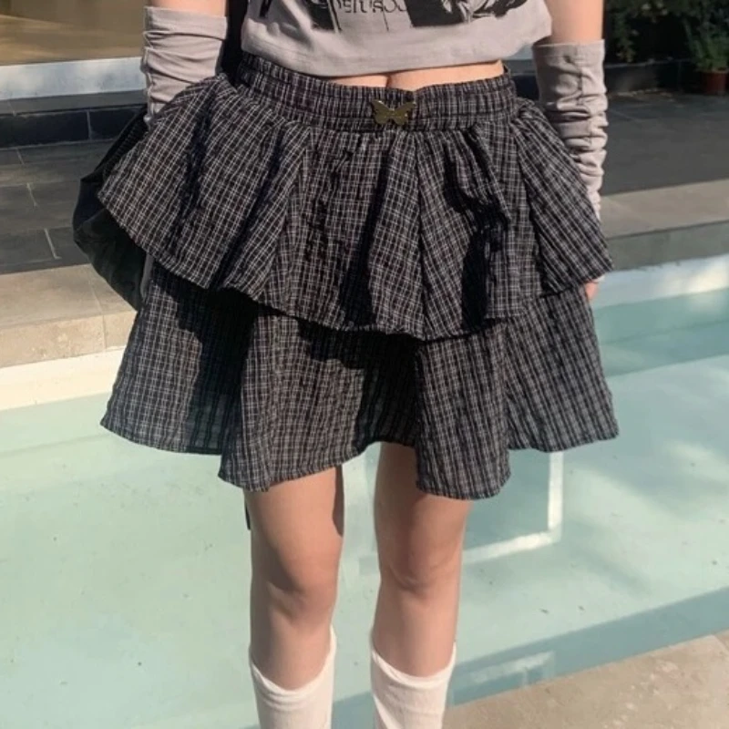 Deeptown Rüschen Plaid Minirock Frauen Kawaii Preppy Style kurze Röcke geschichtet süße süße koreanische Mode lässig Straßen rock