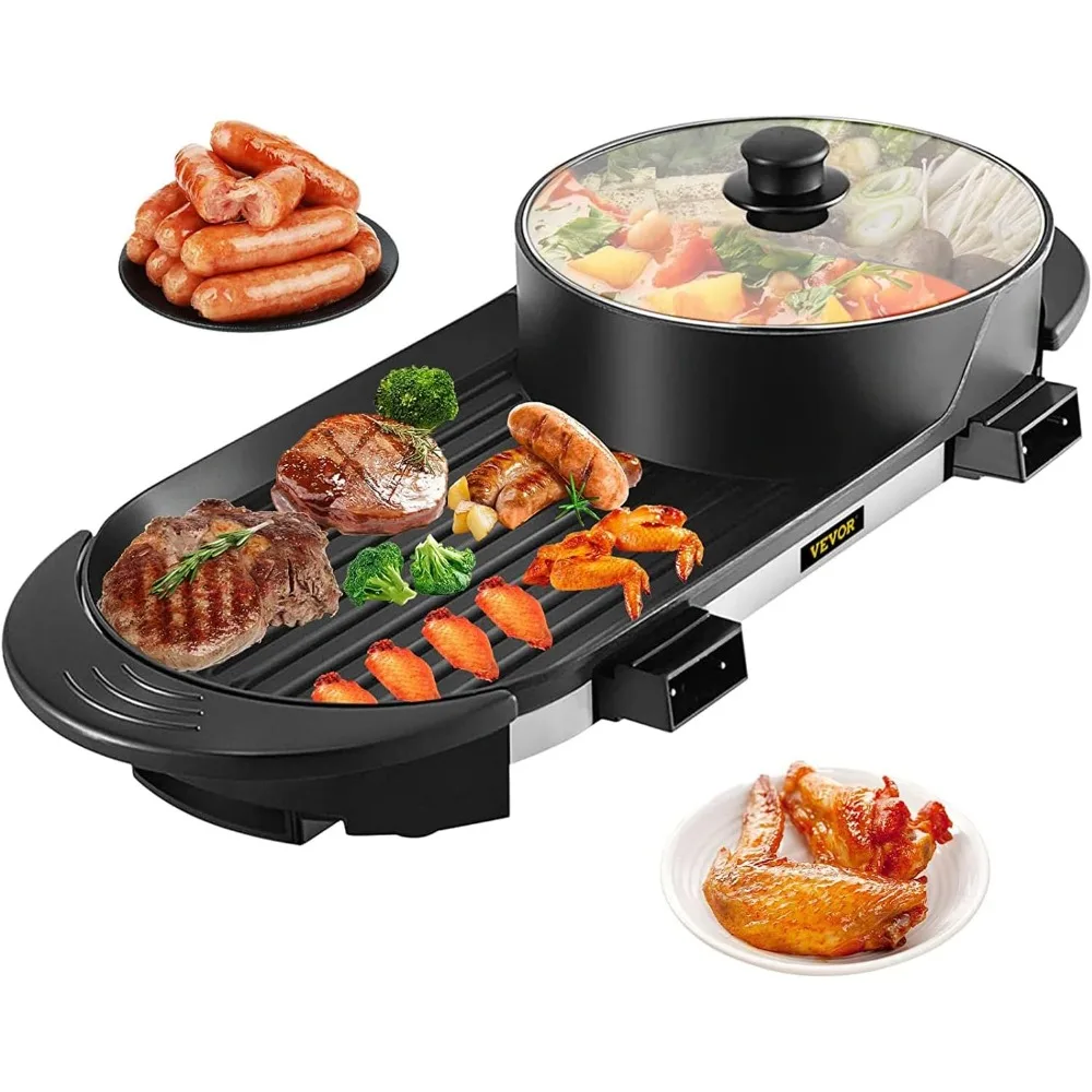 

2 in 1 BBQ Grill and Hot Pot with Divider, Aluminum Alloy Electric BBQ Stove Hot Pot, Separate Dual Thermostat Teppanyaki