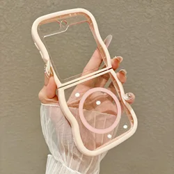 Glitter Clear Curly Wave Phone Case with Magnetic Wireless Charging and Shockproof Protection for Galaxy Z Flip5 (Pink)