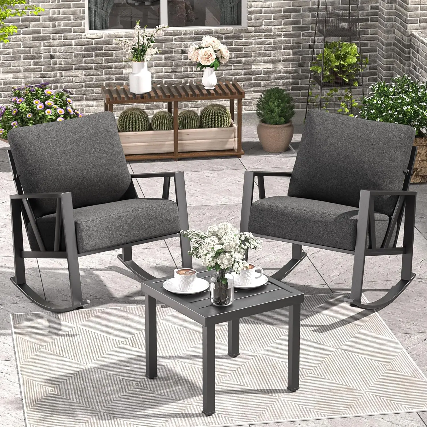 

Patio Porch Furniture Set, Outdoor Rocking Chairs Set of 2 with Coffee Table, 3 Piece Metal Outdoor Furniture Set, Grey