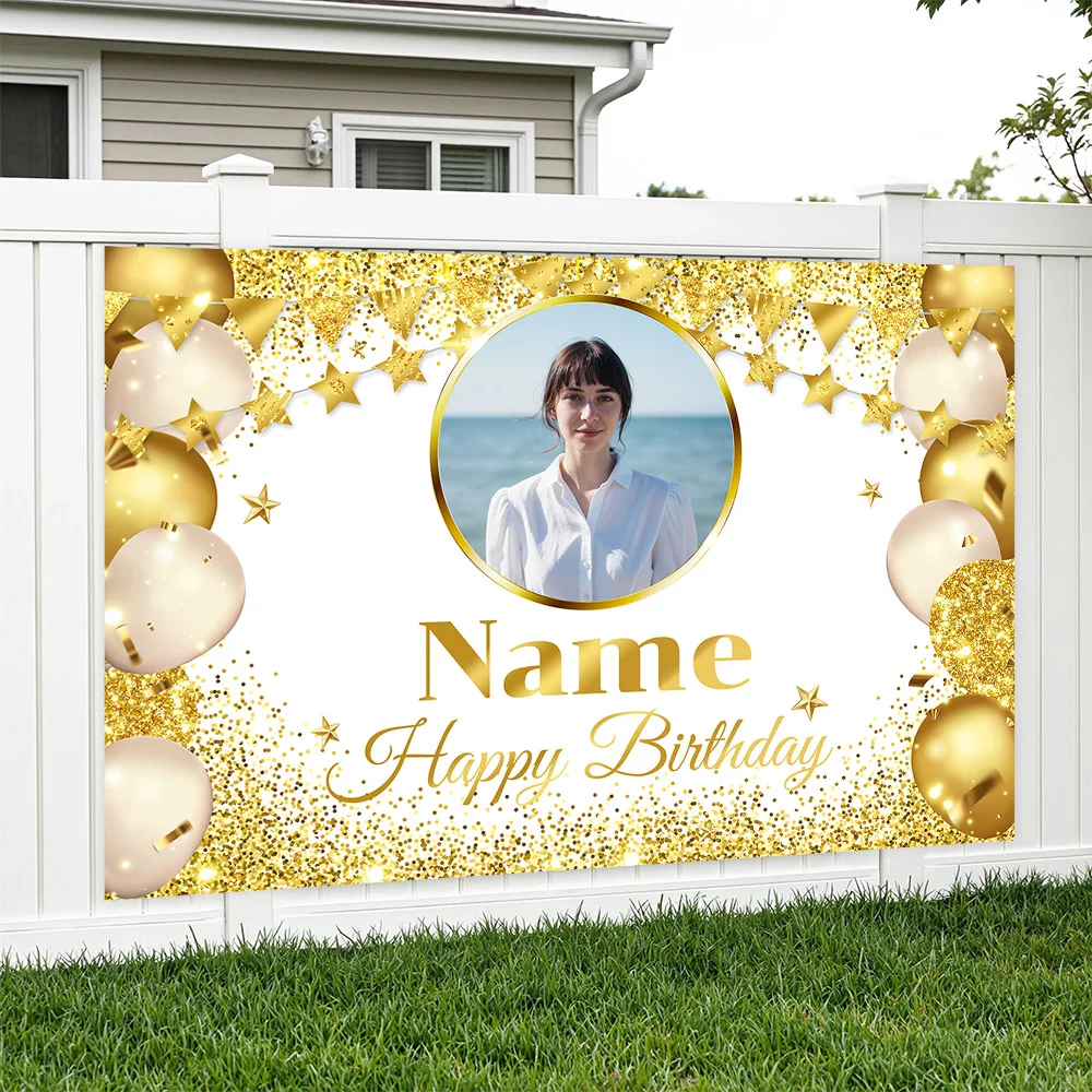 Custom Photo Name Birthday Backdrop Personalized Banner with Glitter Lights for Party Wall Decoration
