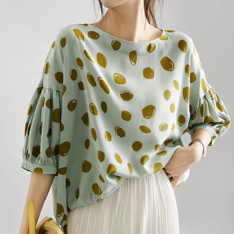

New Summer O-neck Lace-up Puff Sleeve Shirt Elegant Office Lady Vintage Dot Print Blouse Silk Tops Loose Clothes Blusas 28022