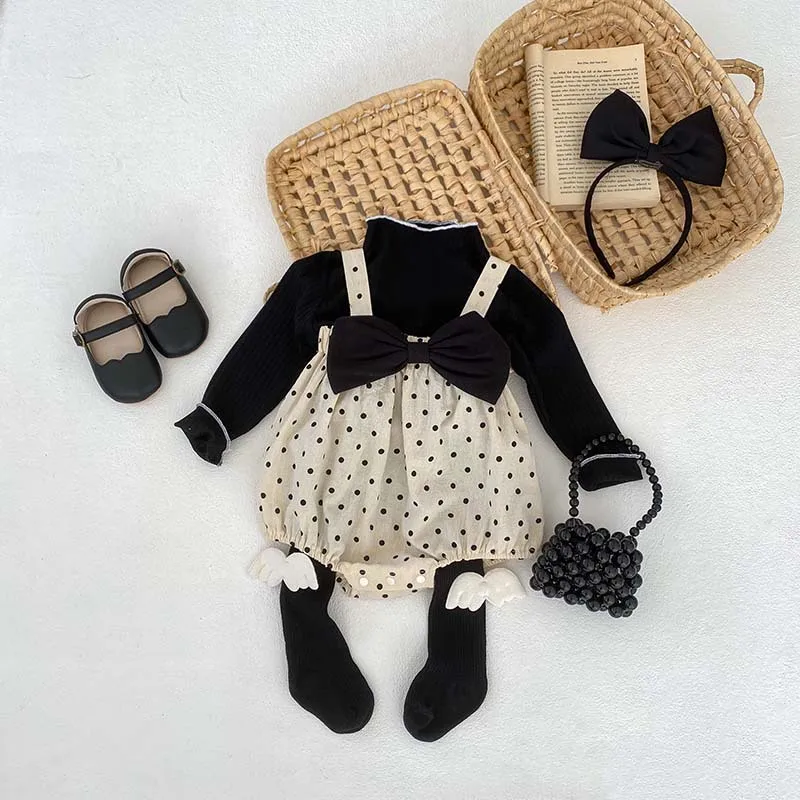 

2024 Spring Girl Baby Solid Casual Long Sleeve Bottoming T-shirt + Big Bow Dots Suspenders Bodysuit 2pcs Newborn Cotton Clothes