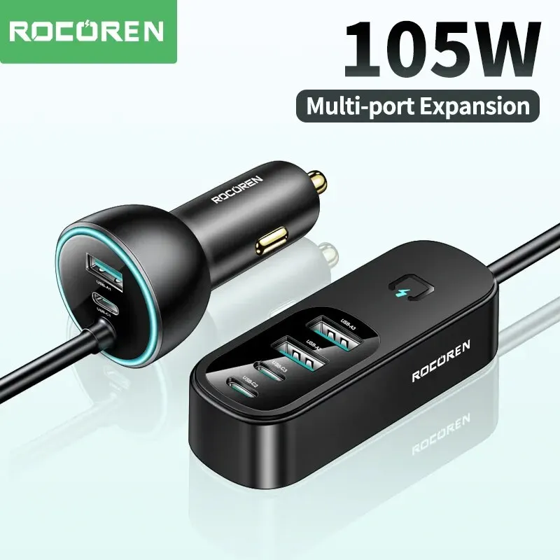 105W Multi 6 Ports Car Charger Backseat Fast Charging USB Type C Back Seat Power Adapter For iPhone 15 Pro Max Samsung car charger car phone charger