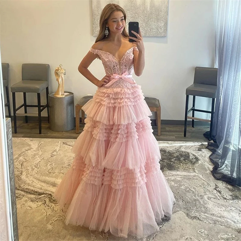 Tiered Ruffle Skirt Cinderella In Pink Off the Shoulder Lace Corset Evening Party Dress Tulle Ball Gown Prom Dresses