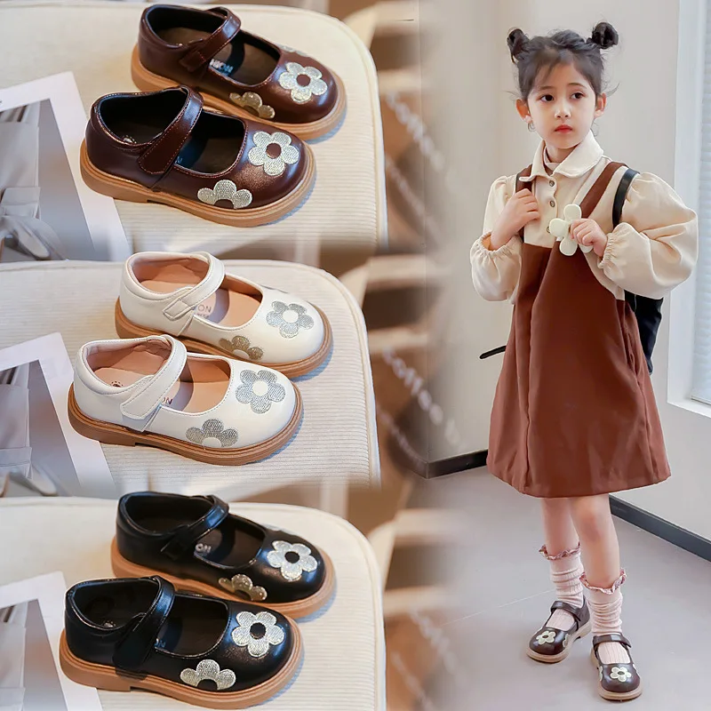 

2024Spring and Autumn New Girls' Leather Shoes Little Girl Fashion Princess Shoes Embroidered Flower Casual Shoes