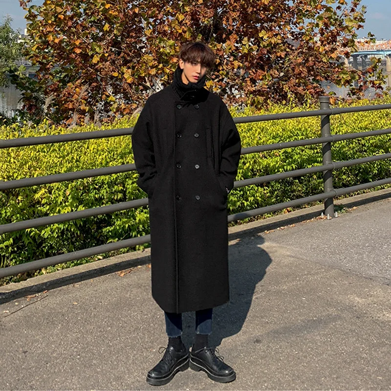 Winter Double Breasted Woolen Coat Men's Medium Length Woolen Trench Coat Men's Loose Korean Lamb Wool Coat