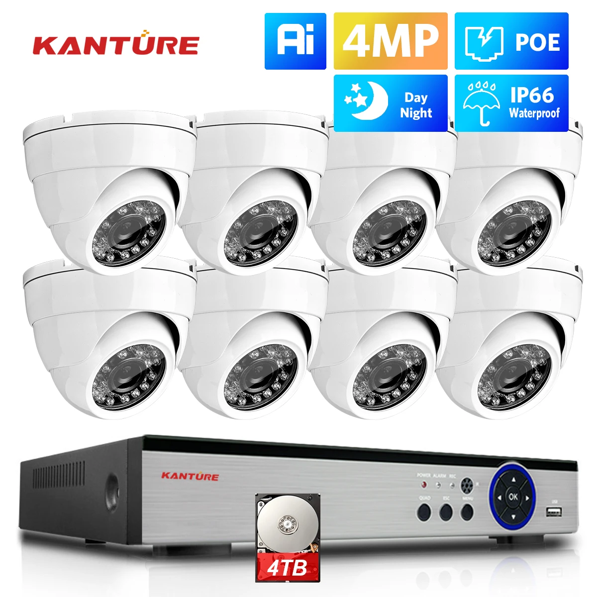 

KANTURE 8CH 4MP HD Security POE IP Camera System Indoor Outdoor AI Human Detection 2K Waterproof Video Surveillance Camera Kit