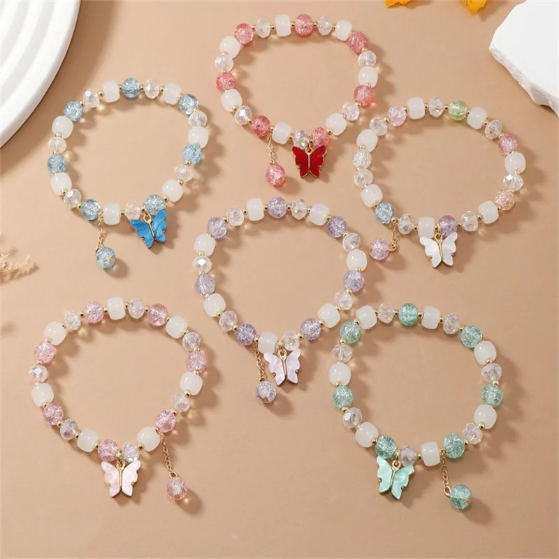 6pcs/set Colorful Popcorn Crystal Beaded Women Bracelet Daisy Flower Butterfly Pendant Valentine's Day Gifts