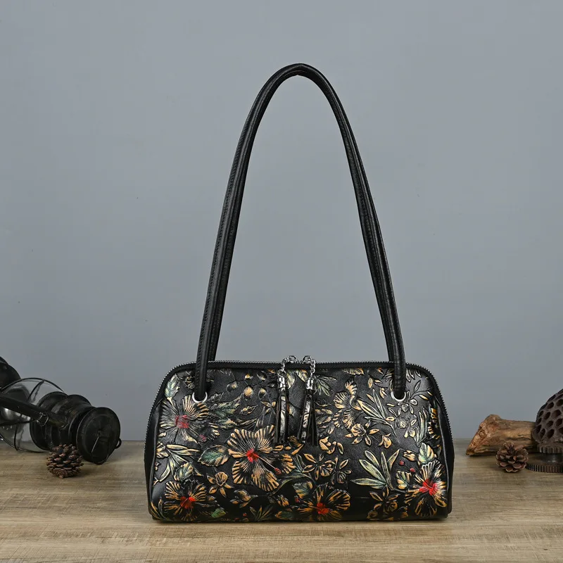 

2023 New Vintage Top Handle Women Shoulder Bag Genuine Leather Flower Female Handbag Painted Bags Ladies Small Handbags