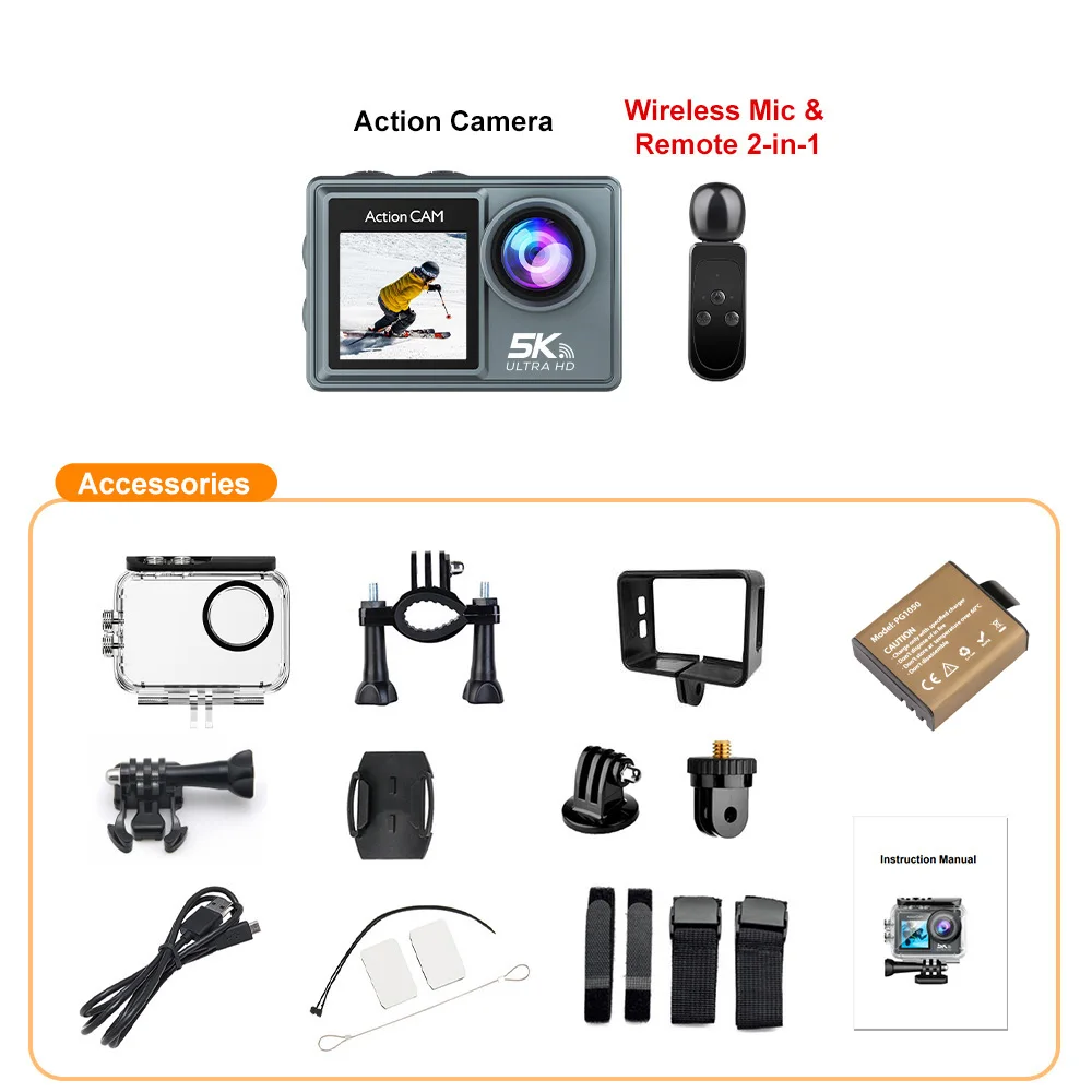 thumbnail image 1 of Cámara de Acción 5K 4K60FPS Doble IPS Touch LCD WiFi 170 ° Cámara deportiva antivibración con zoom 5X resistente al agua 30M con control remoto, 1 of 4