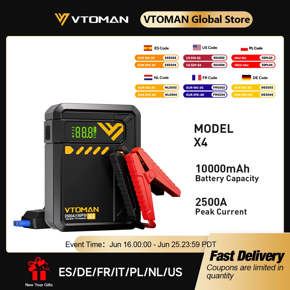 VTOMAN X4 2500A Auto Jump Starter 150PSI z Polski za $41.63 / ~154zł