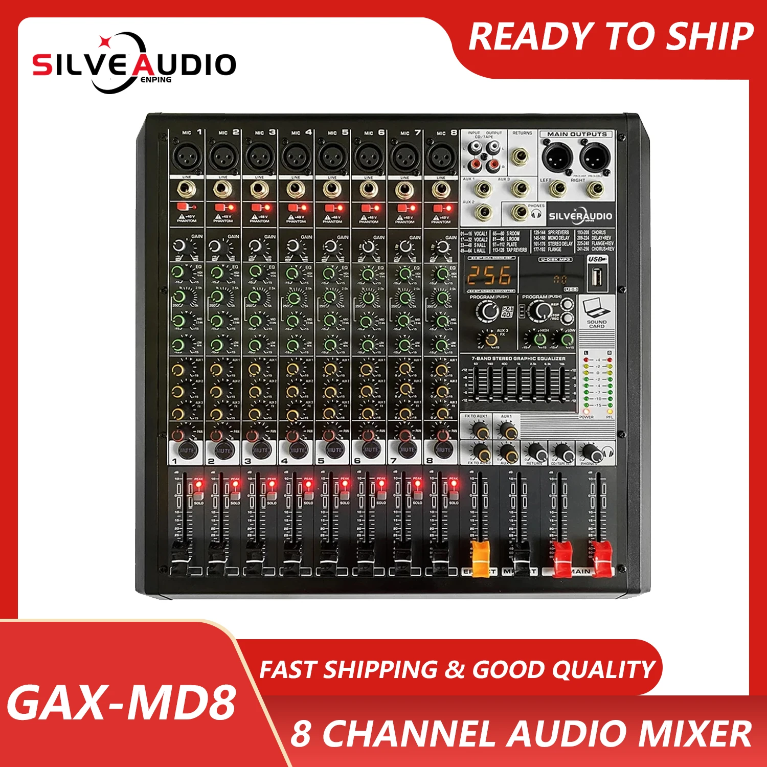 GAX-MD8 Pro 8 채널 DJ 컨트롤러, 256 DSP 리버브 효과, BT 5.0 USB 믹서, 노래방 PC 녹음 콘덴서 마이크용 USB