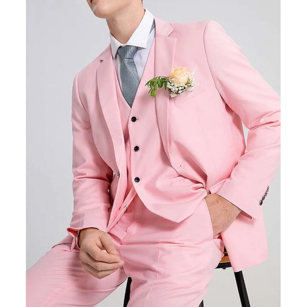 

England Style Men's Three-Piece Suit Pink Fashion Formal Groom Wedding Tuxedo Elegant Slim Fit Male Suit (Blazer+Vest+Pants)