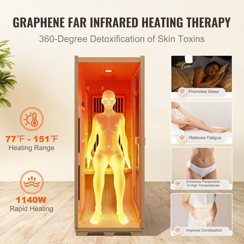 Far Infrared Wooden Sauna, Room Home Sauna Spa for One Person, 1140W Low EMF Far Infrared Hemlock Wood Sauna with Tempered 3