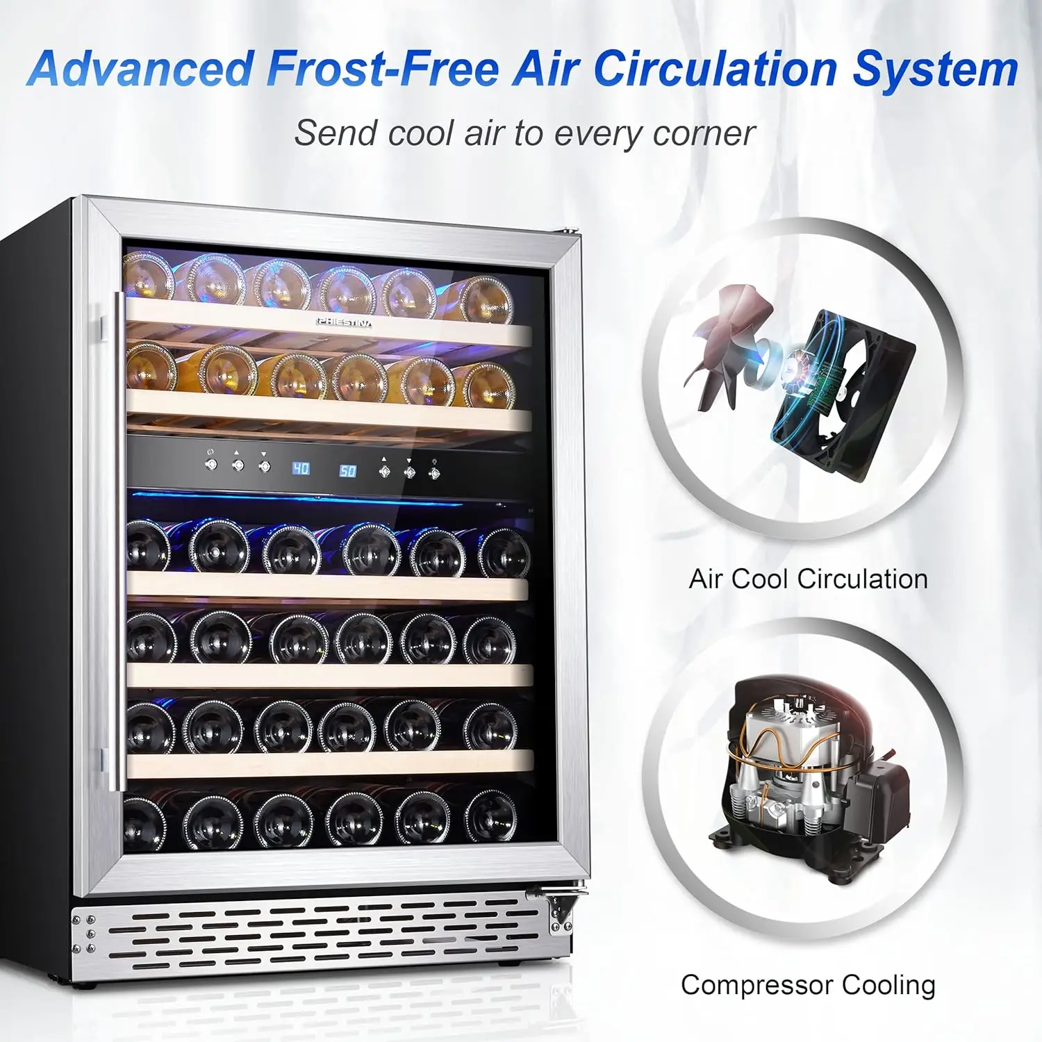 24 inch-46 Bottles Wine Cooler, Built-in Wine Fridge Under Counter or Freestanding Dual Zones, 5