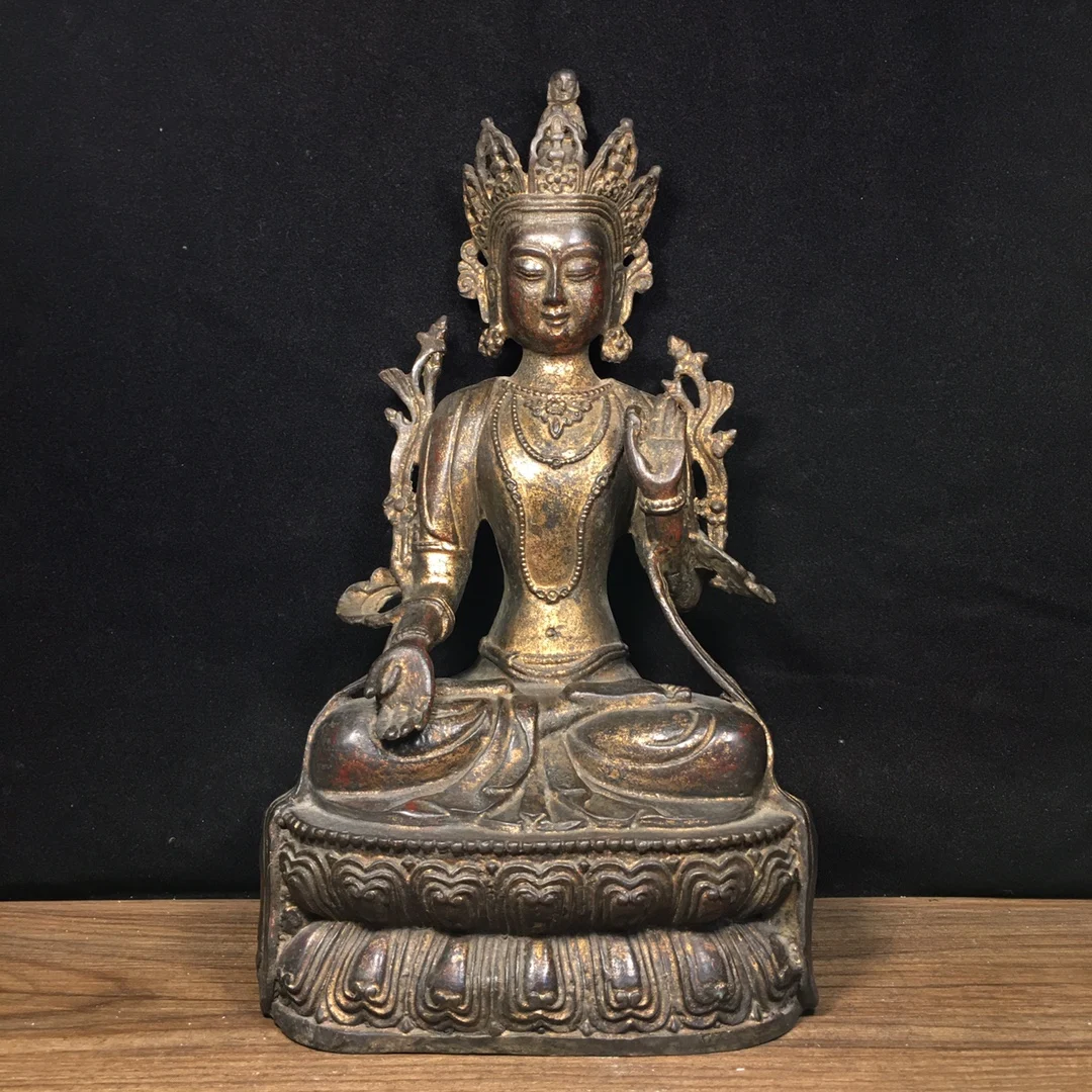 

11"Tibetan Temple Collection Old Bronze Cinnabar Mud gold Northern Wei Buddha Green Tara Lotus Flower Platform Worship Hall