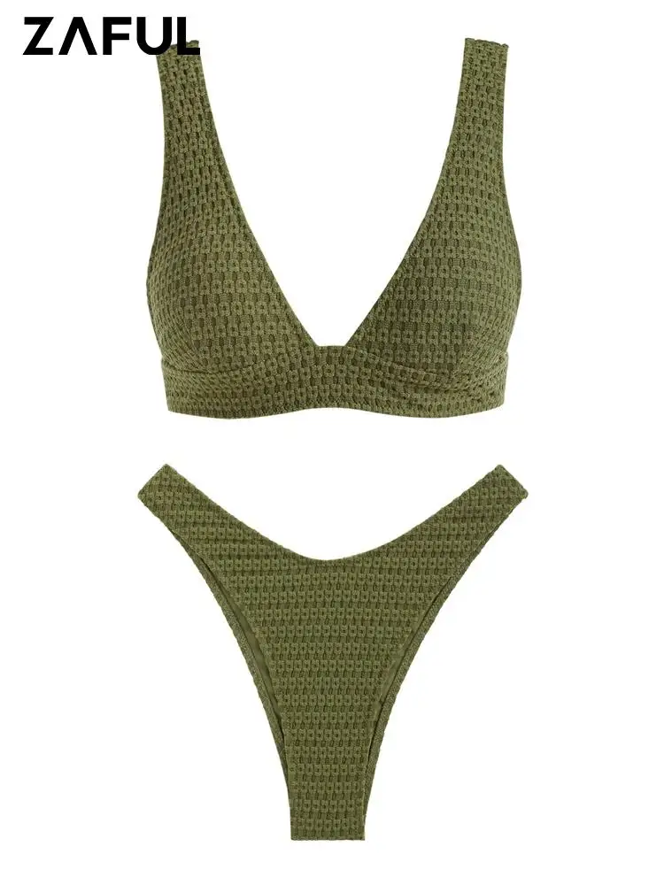 ZAFULSwimsuitForWomenTexturedSexyDeepVNeckPlungingCollar