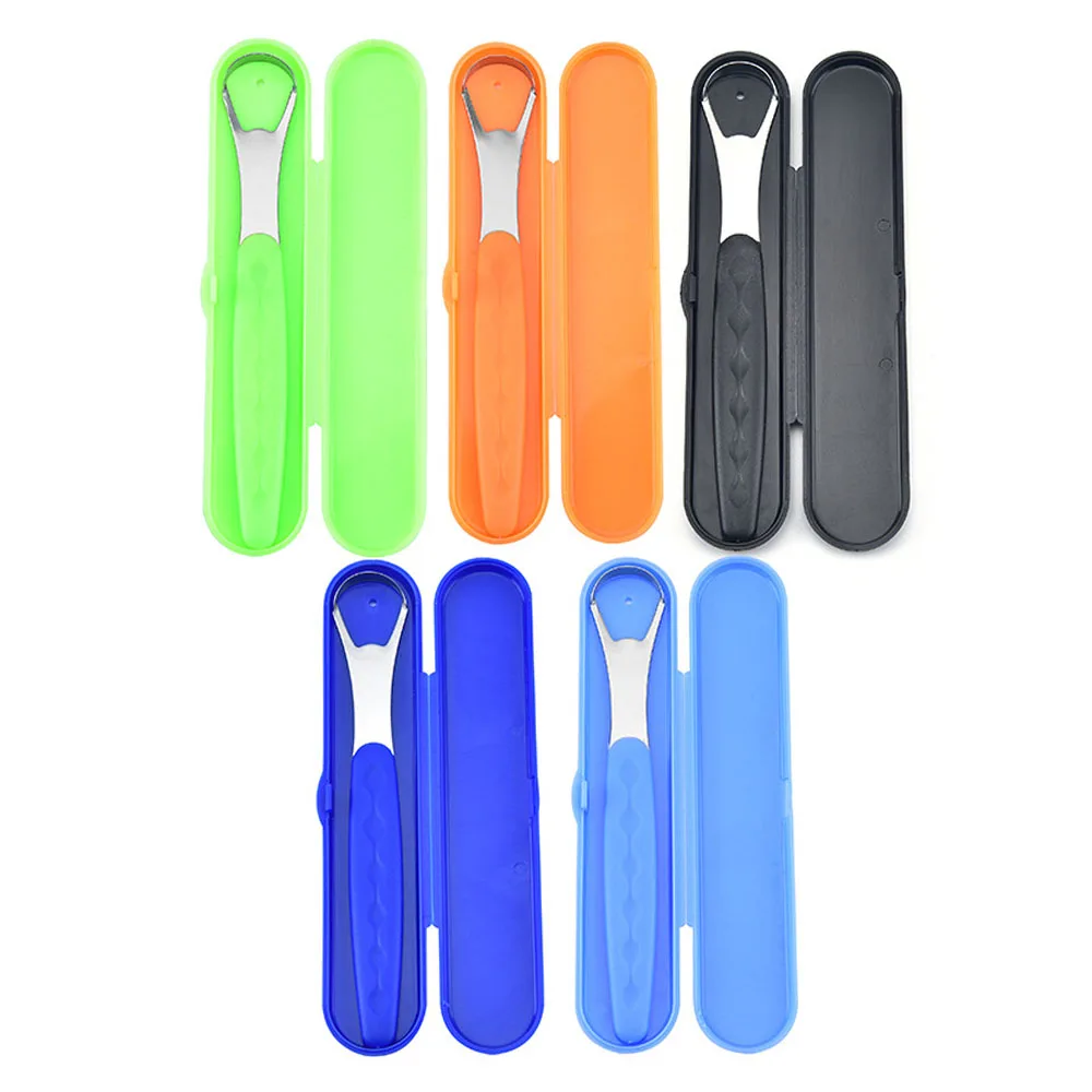 1pc Portable Tongue Cleaner Tongue Scraper Reusable Stainless Steel Oral Mouth Brush +Case Black/Blue/Green Non-slip Handle