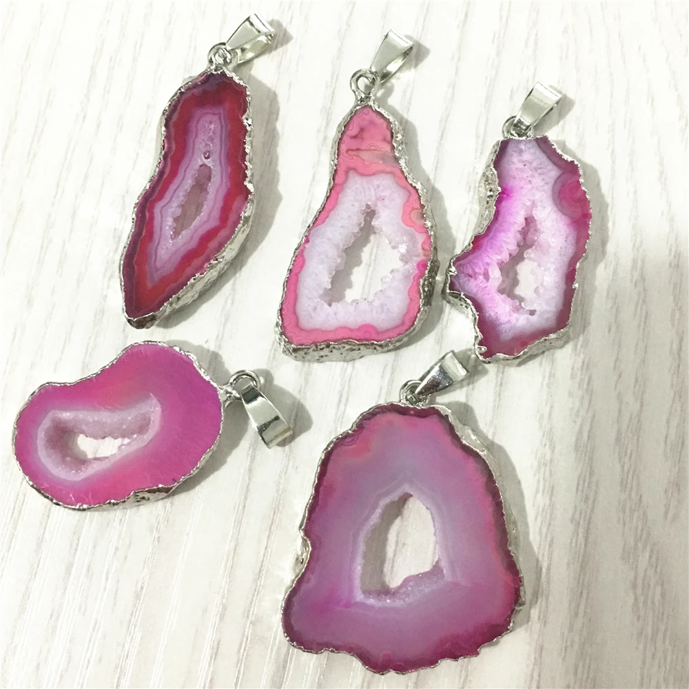 

Natural Stone Brazilian Electroplated Edged Slice Open Rose Agates Geode Drusy Druzys Pendants for Necklace Jewelry Making 5PCS